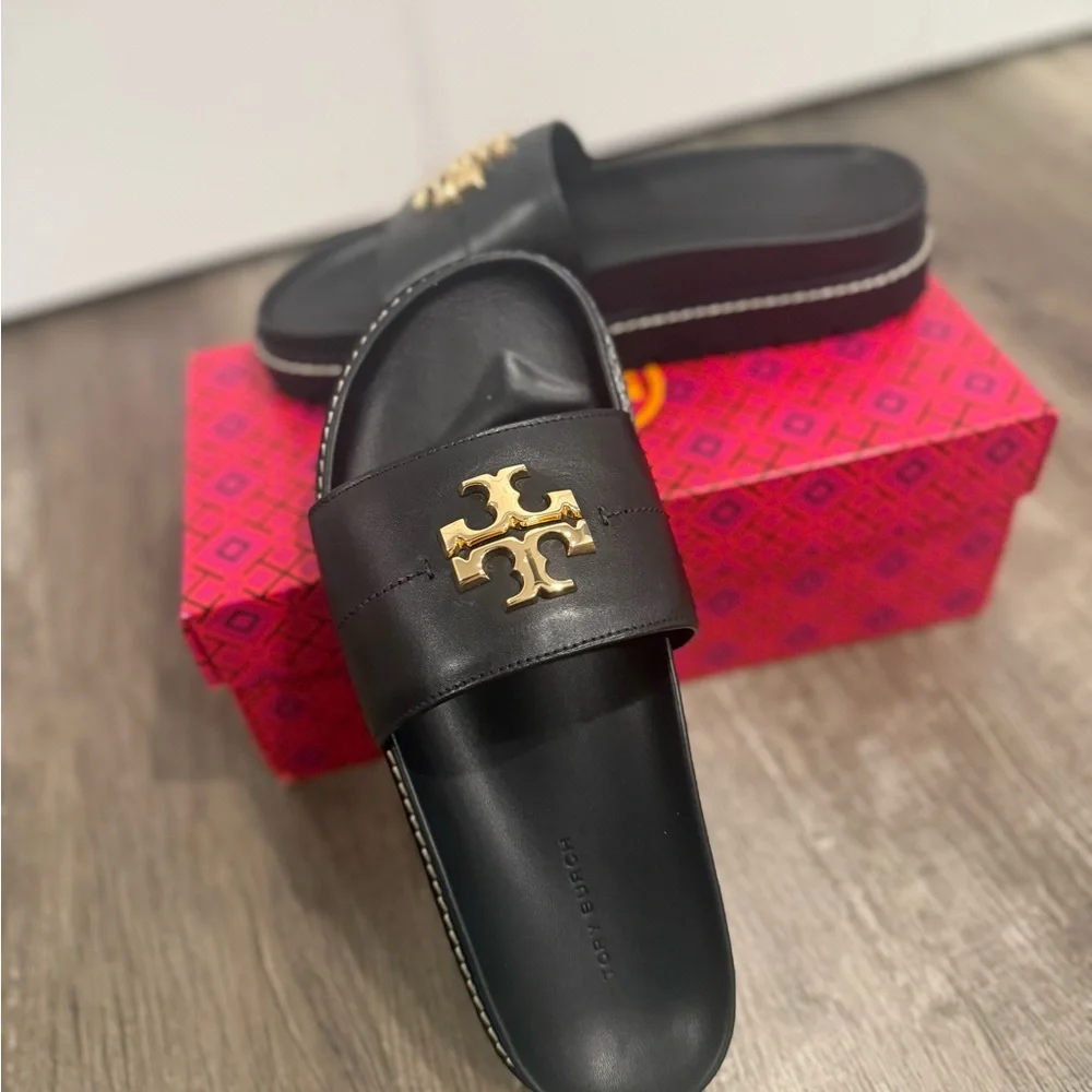 TORY BURCH EVERLY ANATOMIC LUG PARIS SLIDES IN BLACK - Picture 3 of 10